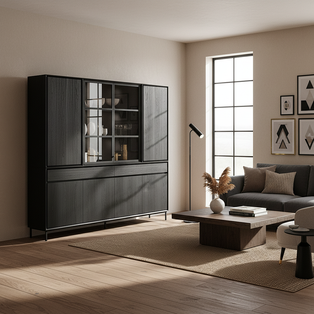 Navarre Large Showcase Cabinet - Black with Glass Display | Marcottestyle