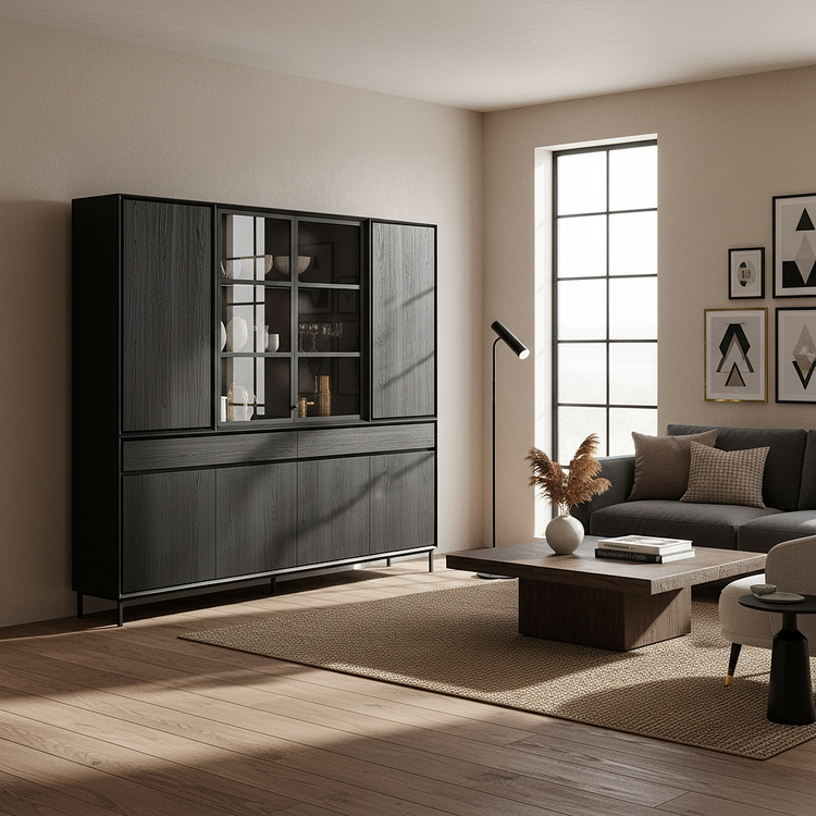 Navarre Large Showcase Cabinet - Black with Glass Display | Marcottestyle