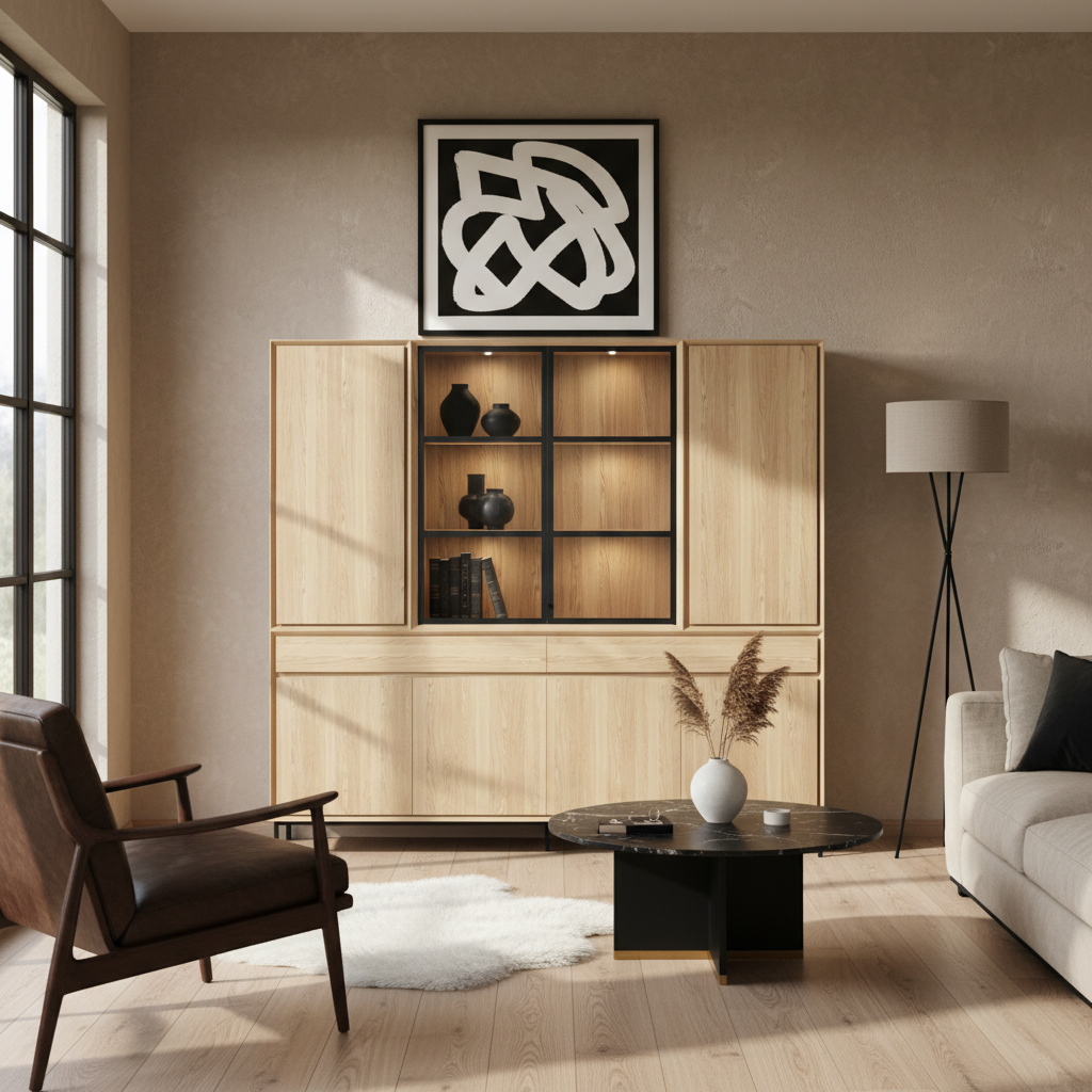 Navarre Large Showcase Cabinet - Solid Natural Oak with Glass Display | Marcottestyle