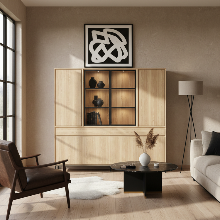 Navarre Large Showcase Cabinet - Solid Natural Oak with Glass Display | Marcottestyle