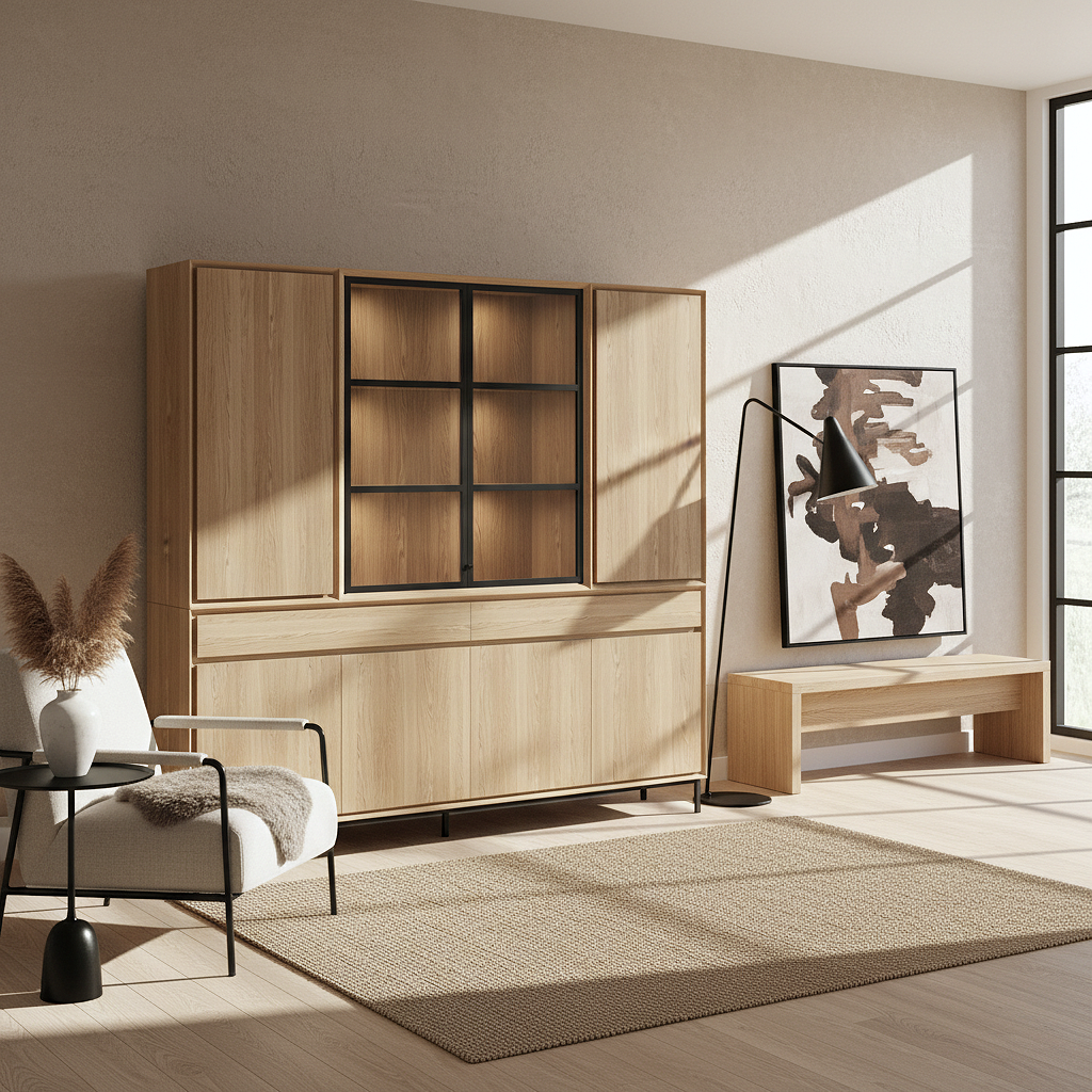 Navarre Large Showcase Cabinet - Solid Natural Oak with Glass Display | Marcottestyle