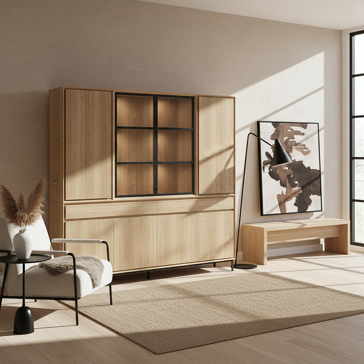 Navarre Large Showcase Cabinet - Solid Natural Oak with Glass Display | Marcottestyle