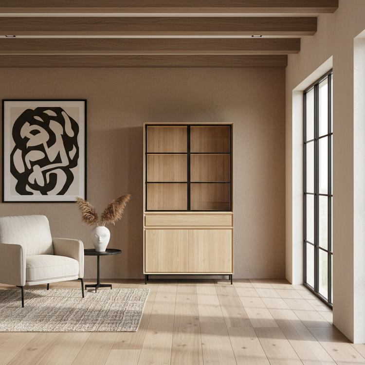 Navarre Small Showcase Cabinet - Solid Natural Oak with Glass Display | Marcottestyle