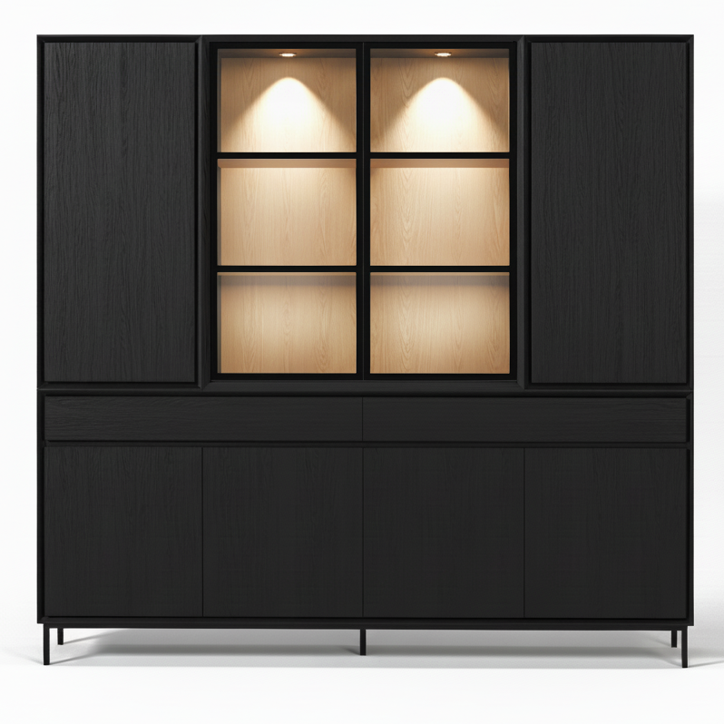 Navarre Large Showcase Cabinet - Black with Glass Display – front view | Marcottestyle