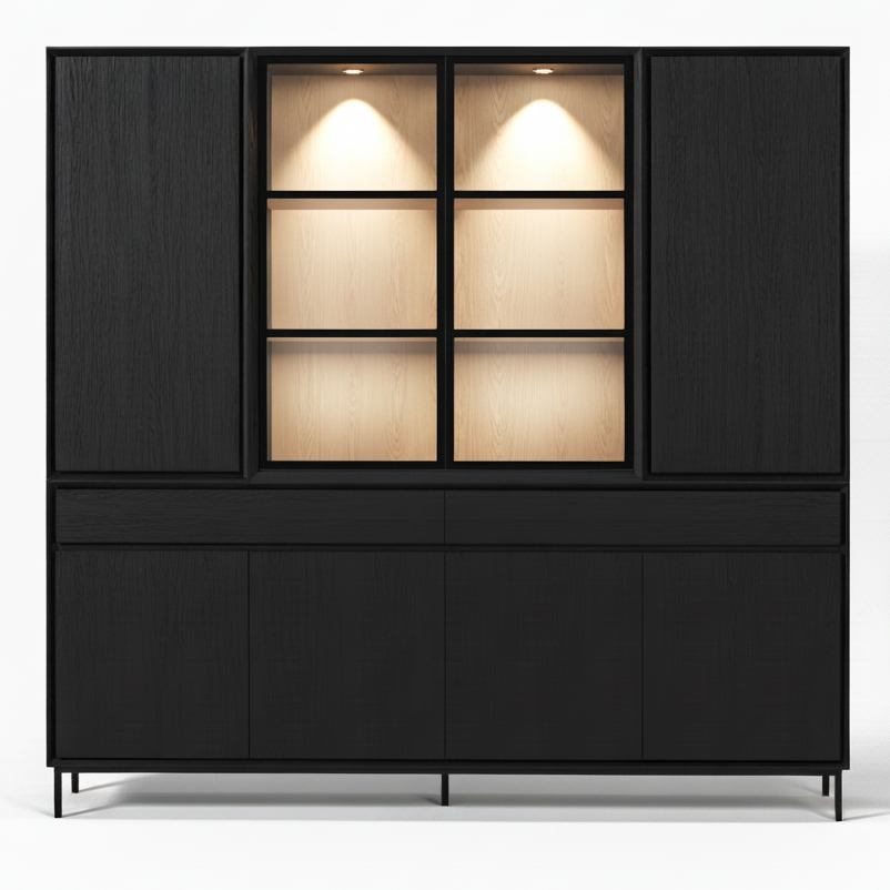 Navarre Large Showcase Cabinet - Black with Glass Display – front view | Marcottestyle