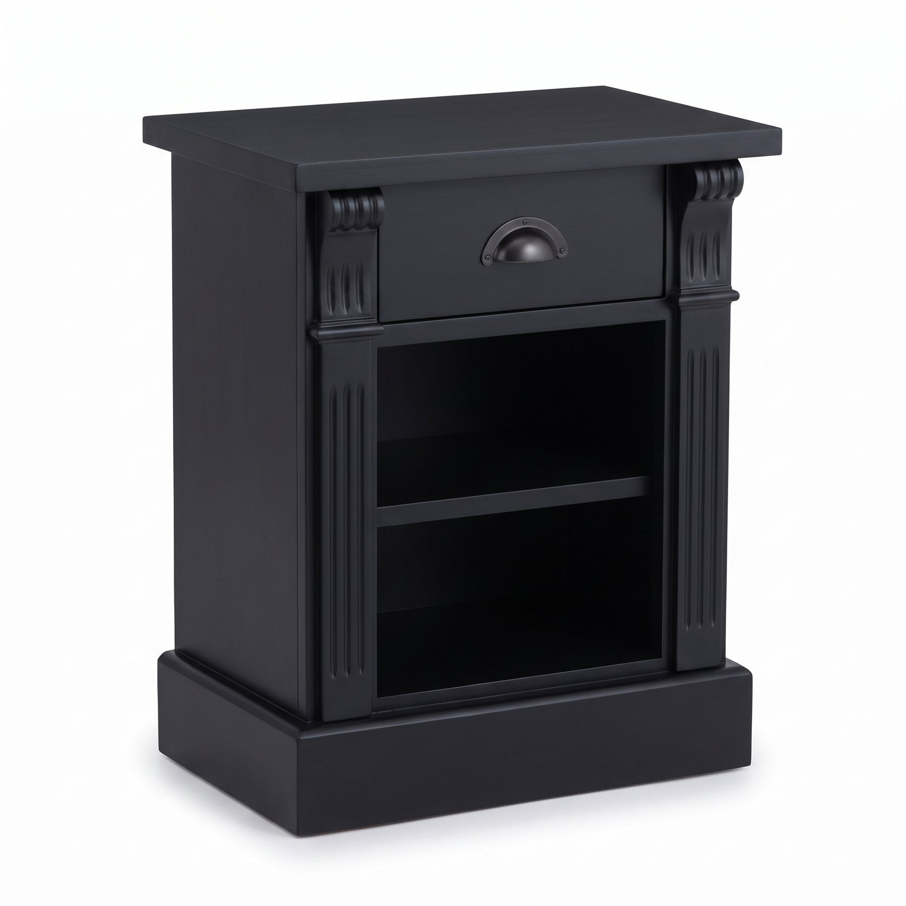 Nightstand Annecy in black, three-quarter view from the front left, 50 x 33 x 60 cm
