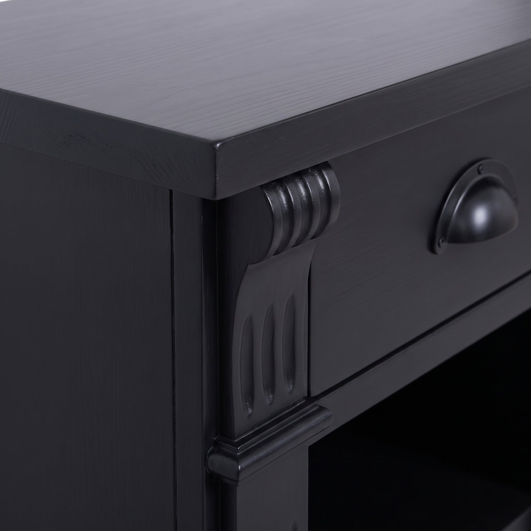 Nightstand Annecy in black, close-up of the finish and construction, 50 x 33 x 60 cm