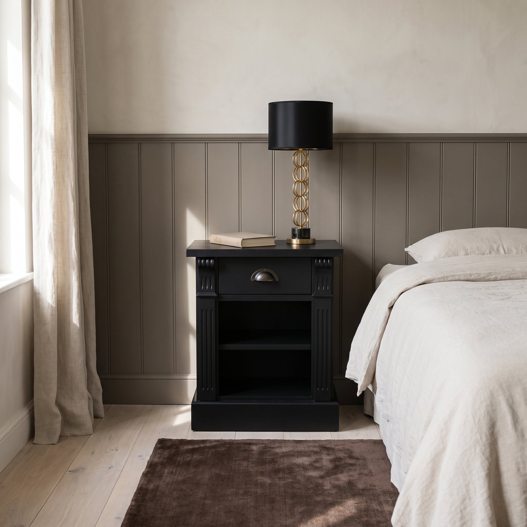 Nightstand Annecy in black, in an interior, 50 x 33 x 60 cm