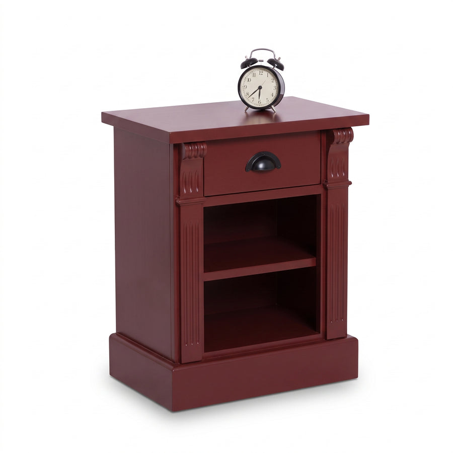 Nightstand Annecy in bordeaux, three-quarter view from the front left, 50 x 33 x 60 cm