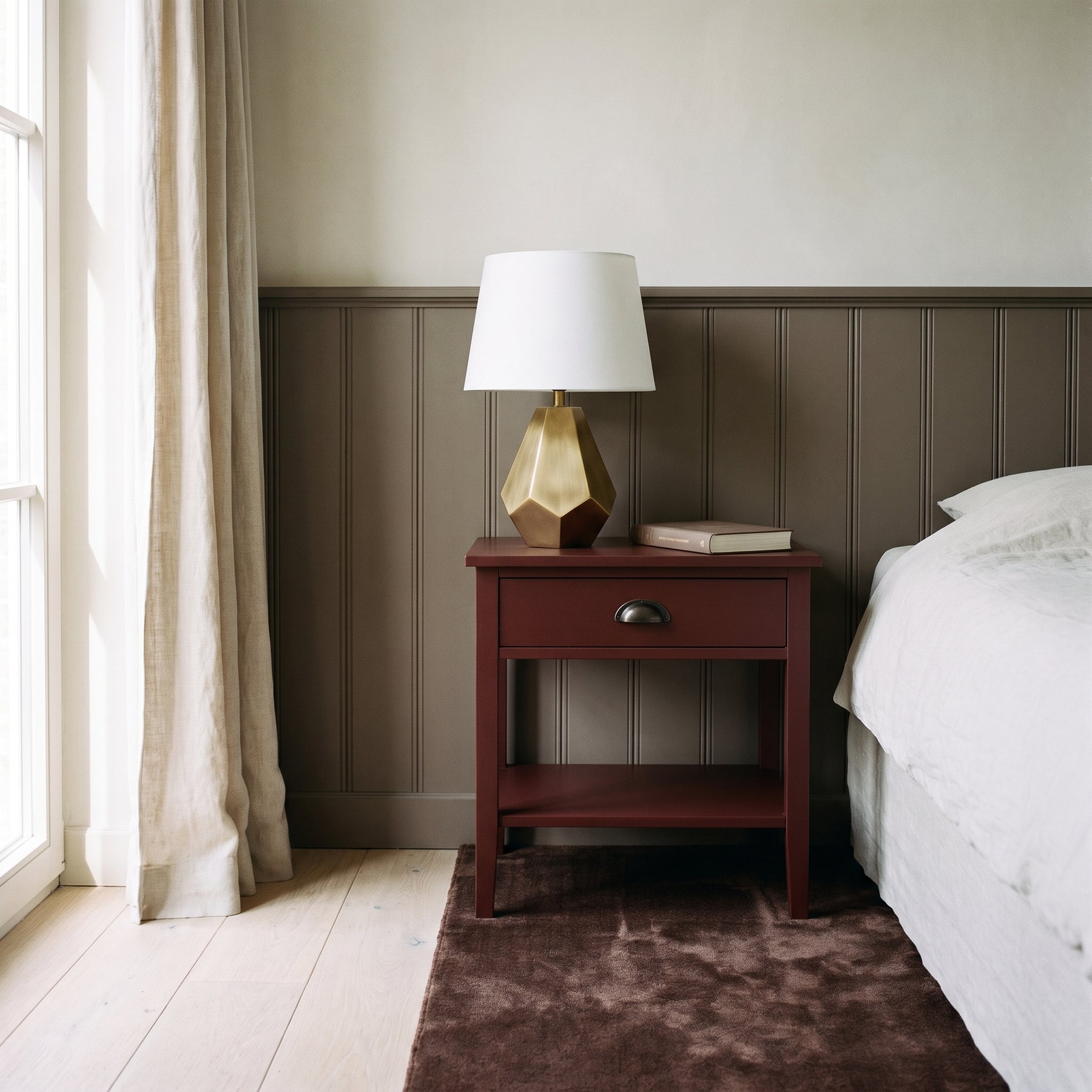 Nightstand Annecy in bordeaux, in an interior, 50 x 33 x 60 cm
