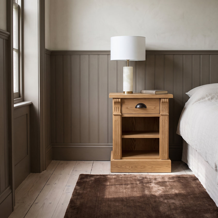 Nightstand Annecy in solid oak, in an interior, 50 x 33 x 60 cm