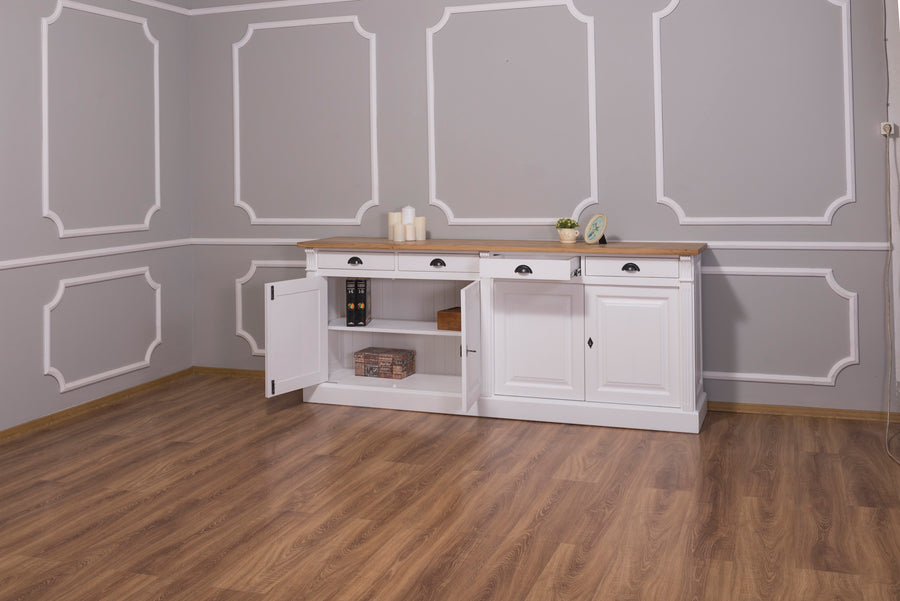 Wexford Buffet bas – Massif Chêne Top and Blanc Base | Classique 4-Porte Armoire de rangement