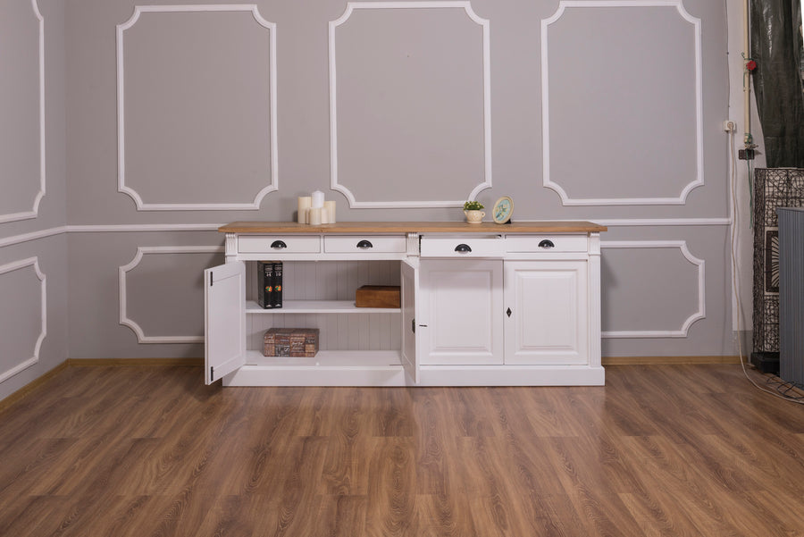 Wexford Buffet bas – Massif Chêne Top and Blanc Base | Classique 4-Porte Armoire de rangement