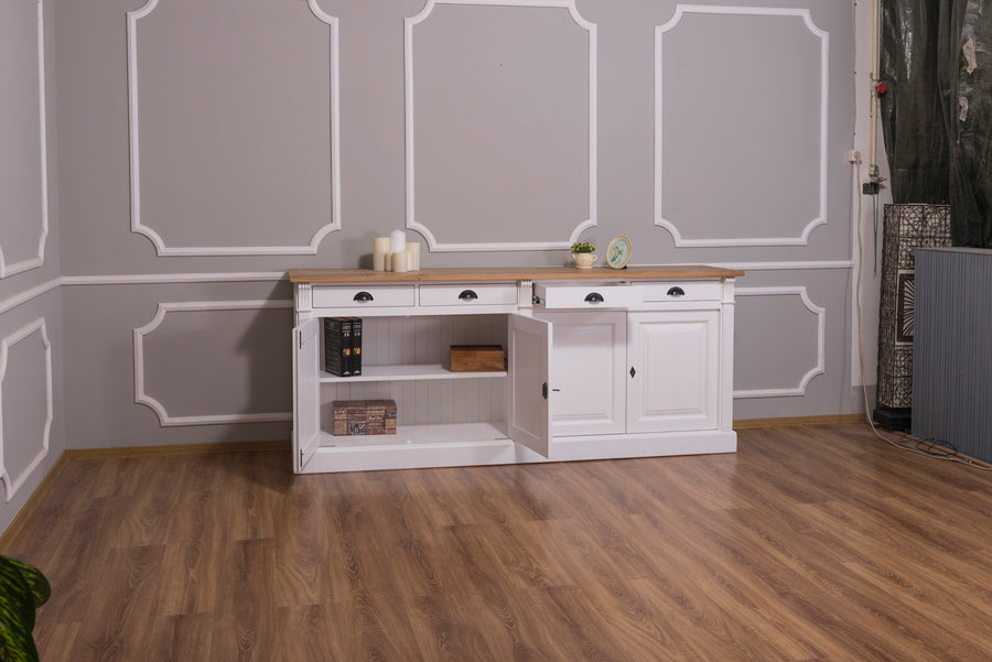 Wexford Buffet bas – Massif Chêne Top and Blanc Base | Classique 4-Porte Armoire de rangement
