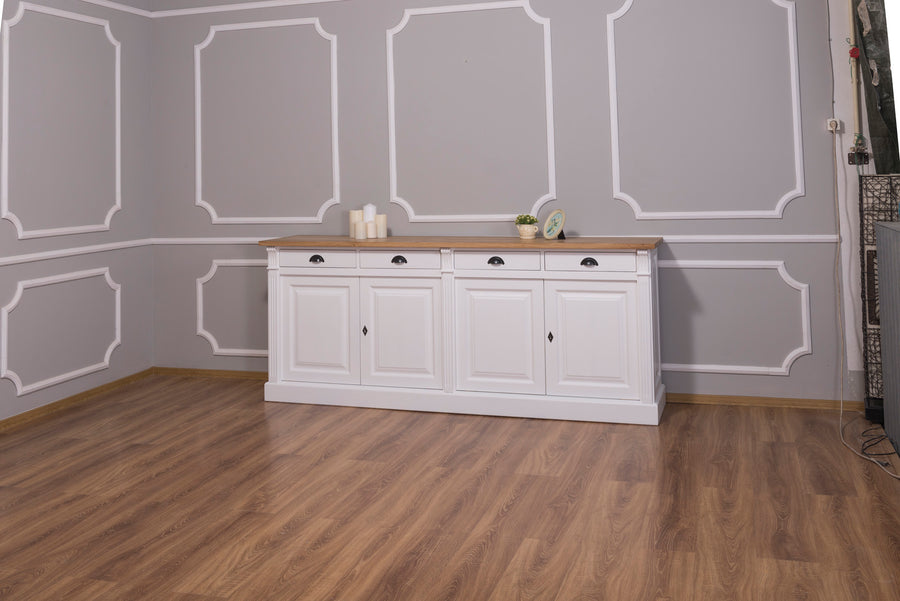 Wexford Buffet bas – Massif Chêne Top and Blanc Base | Classique 4-Porte Armoire de rangement