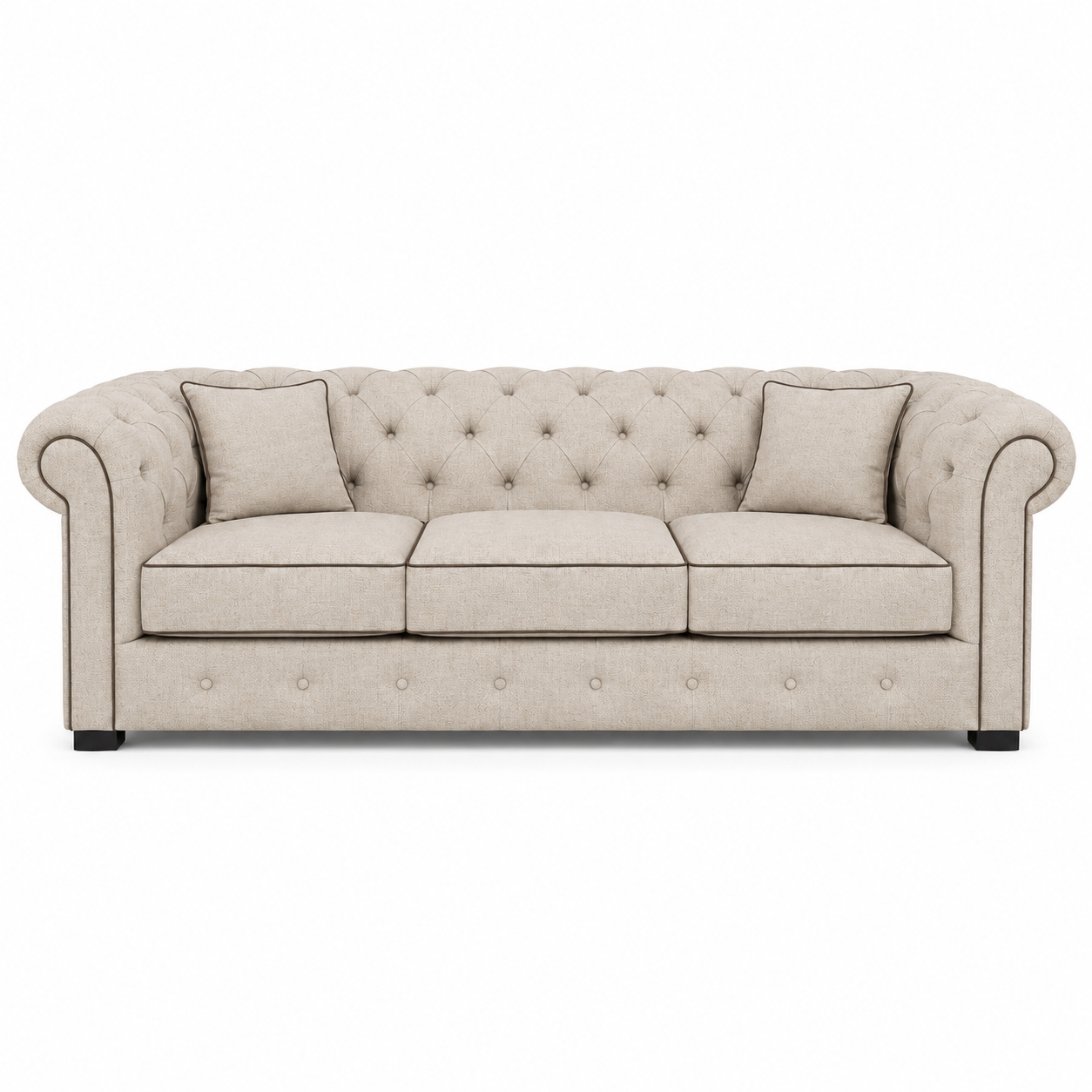 Canapé Chesterfield - Beige avec brown piping - 226 x 98 x 77 cm