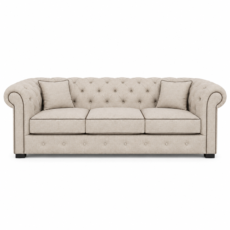 Canapé Chesterfield - Beige avec brown piping - 226 x 98 x 77 cm