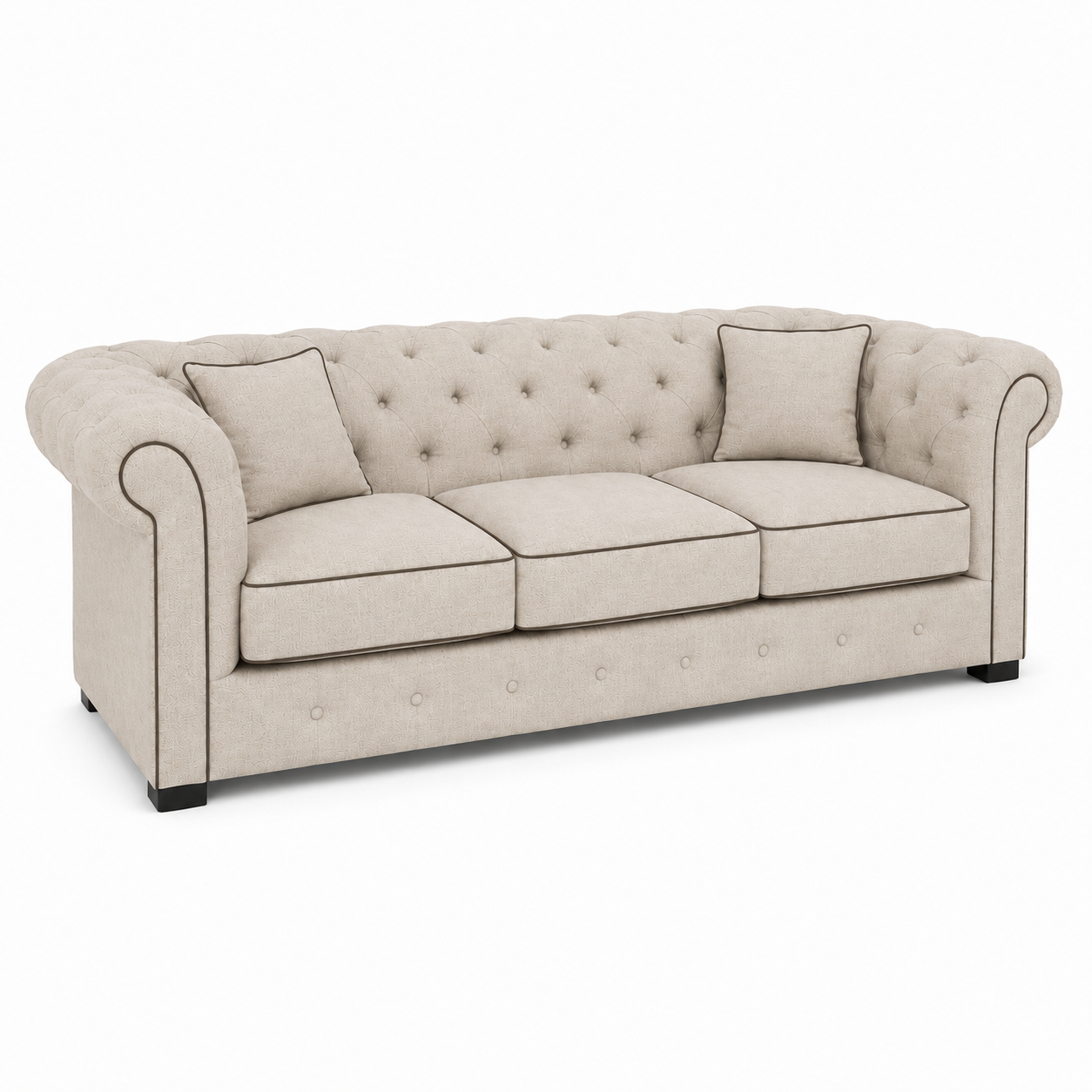 Canapé Chesterfield - Beige avec brown piping - 226 x 98 x 77 cm