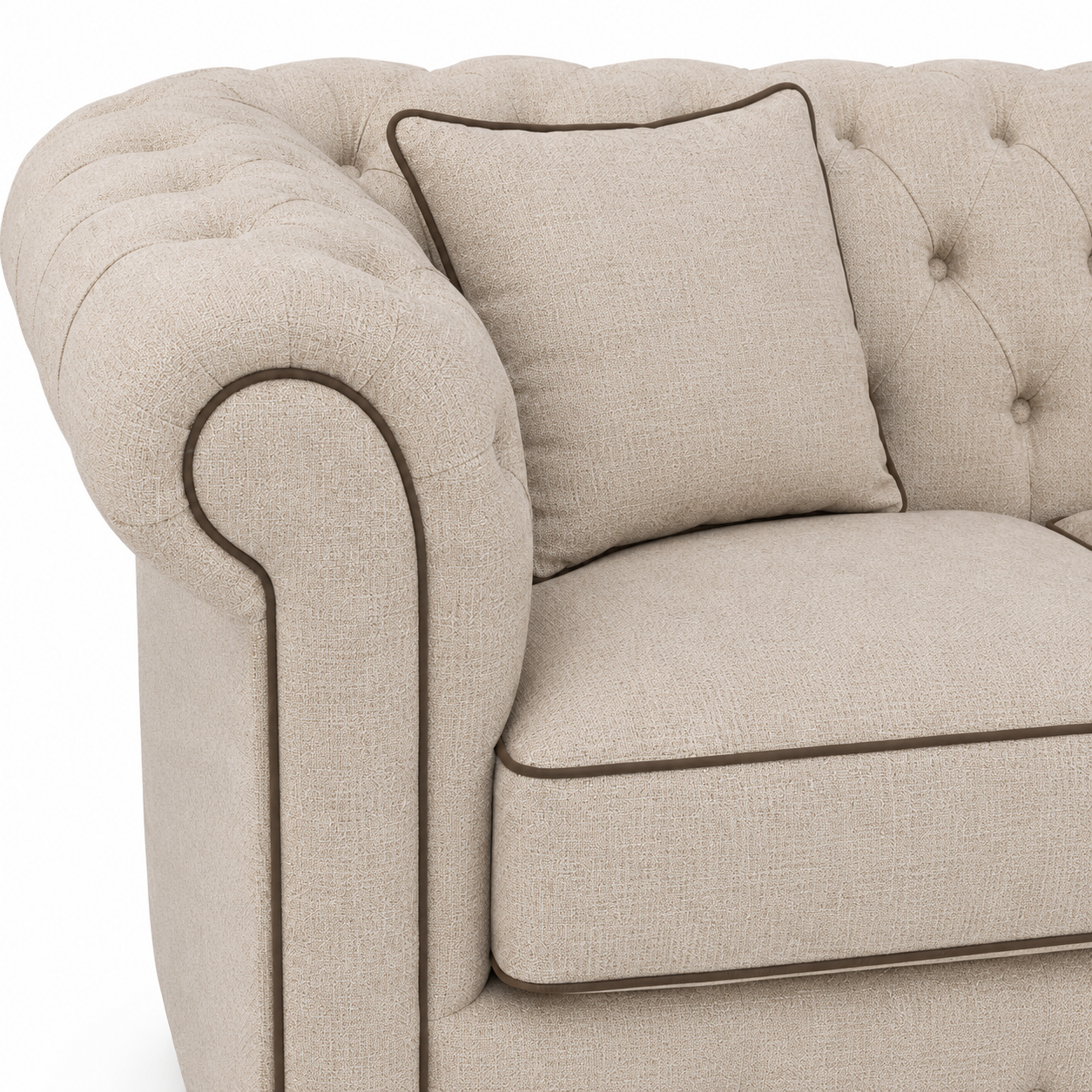 Canapé Chesterfield - Beige avec brown piping - 226 x 98 x 77 cm