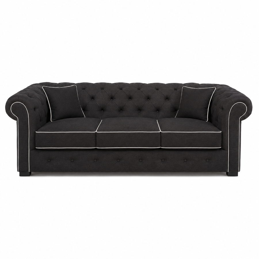 Sofa Chesterfield - Schwarz mit white piping - 226 x 98 x 77 cm