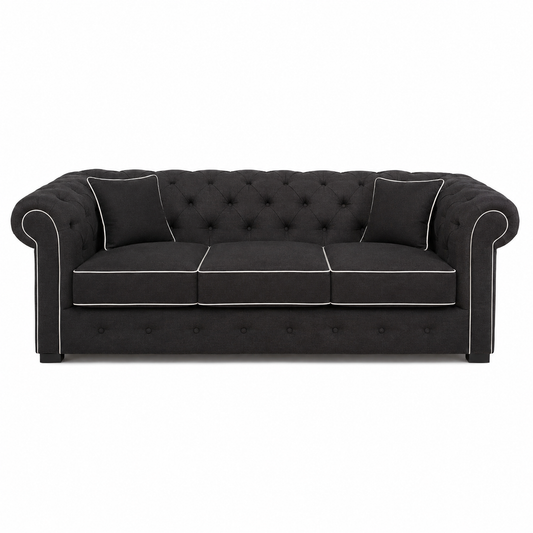 Chesterfield sofa in black with white piping