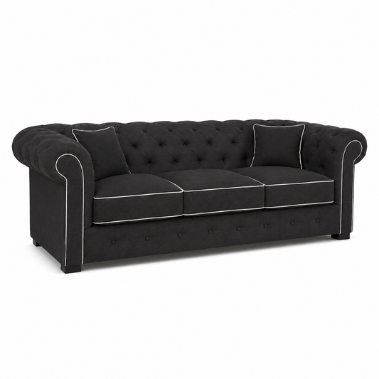 Sofa Chesterfield - Schwarz mit white piping - 226 x 98 x 77 cm