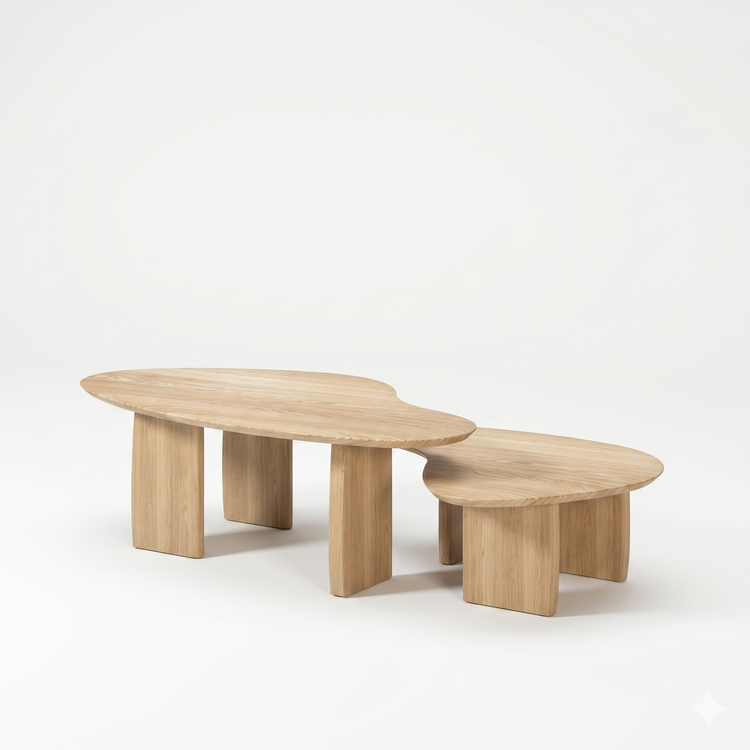 Mesa de Centro Luna - Juego Nido - Roble Macizo - 127 x 75 x 42 y 85 x 75 x 31 cm
