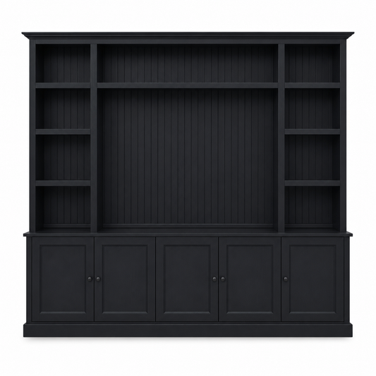 Country-style black solid pine Belmont TV bookcase with beadboard panels and shelving, 254 cm wide, front view