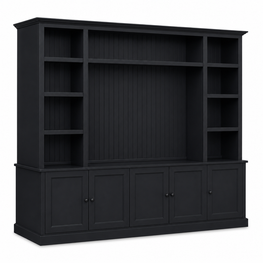 Country-style black solid pine Belmont TV bookcase with open shelves and paneled cabinets, 254 cm wide, angled view