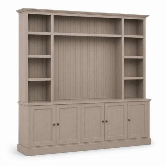 Country-style taupe pine Belmont TV bookcase with open shelving and lower cabinets, angled three-quarter view