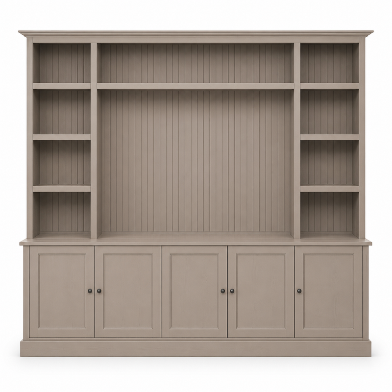 Country-style taupe pine Belmont TV bookcase with beadboard panels and cabinet storage, 254 cm wide, front view