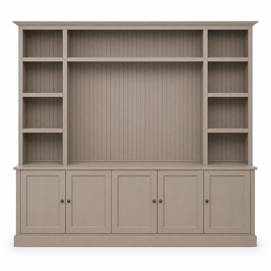 Country-style taupe pine Belmont TV bookcase with beadboard panels and cabinet storage, 254 cm wide, front view