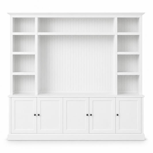 Country-style white pine Belmont TV bookcase with beadboard panels and integrated TV space, front view