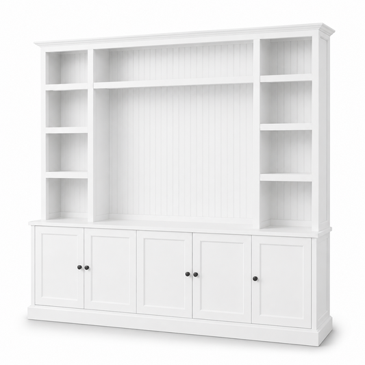 Coastal white pine Belmont TV bookcase with open shelving and five shaker cabinet doors, angled view