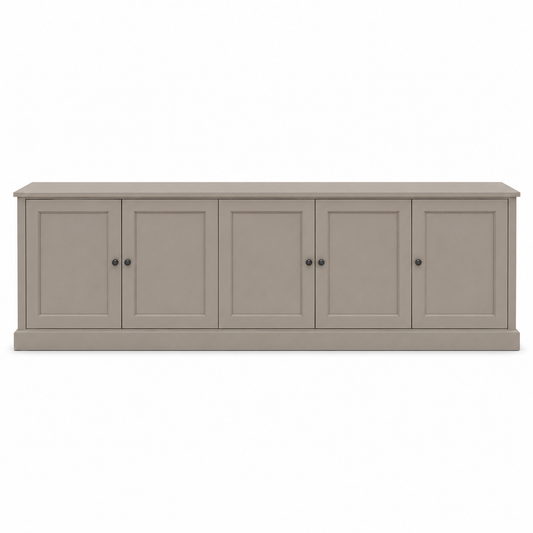 Classic taupe solid pine Belmont TV stand with five panelled doors, 248 cm wide, front view