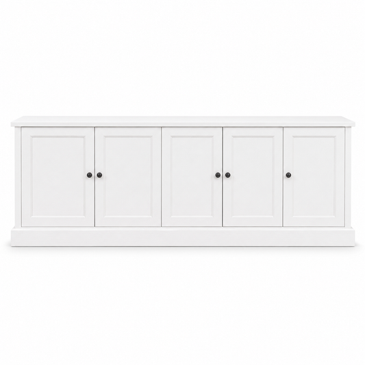 Classic white solid pine Belmont TV stand with framed panel doors, 248 cm wide, front view