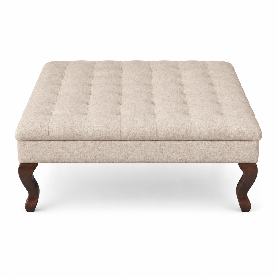 Hermes de table de café rembourrés - Tissu beige - Pieds de chêne brun - 110 x 110 x 42 cm