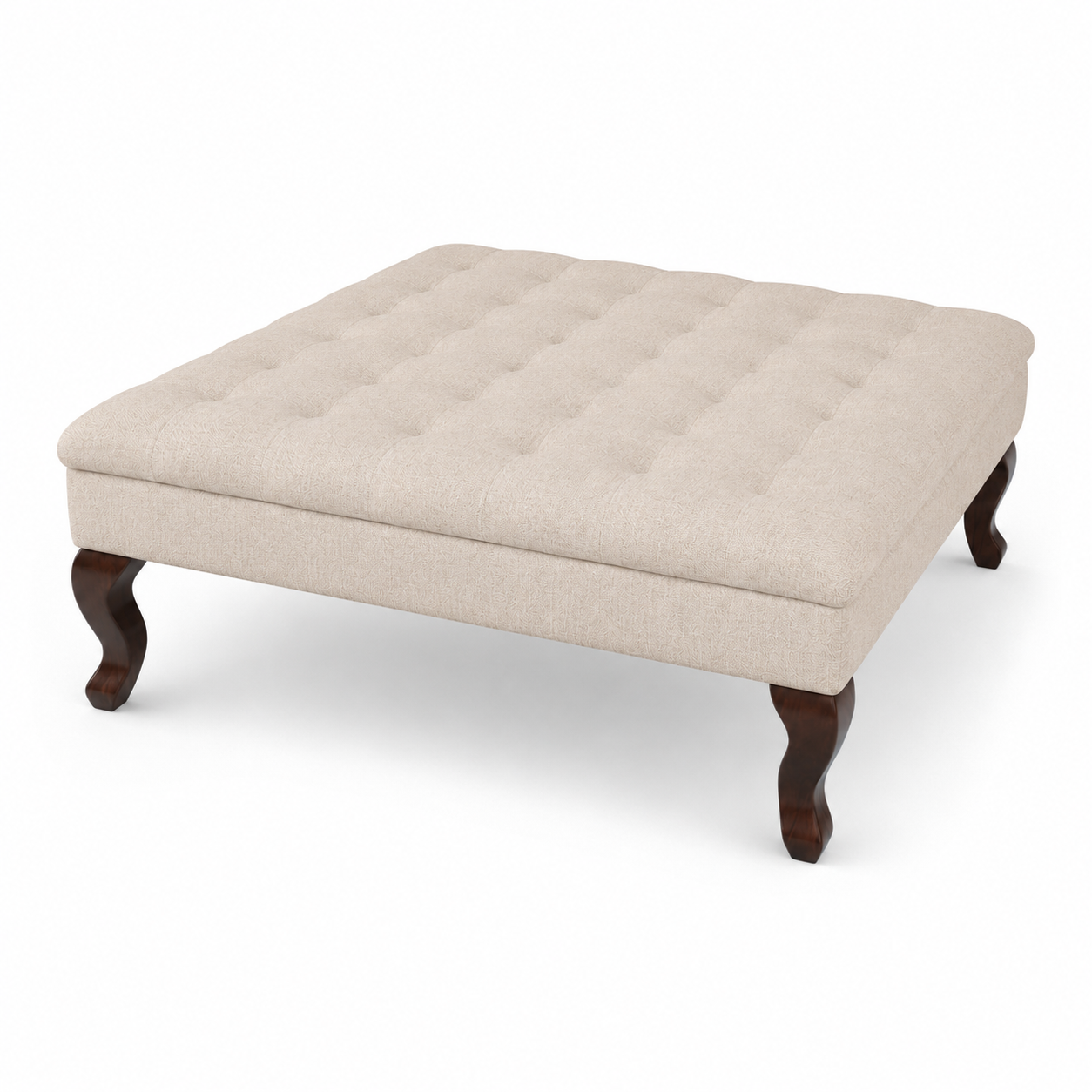 Hermes de table de café rembourrés - Tissu beige - Pieds de chêne brun - 110 x 110 x 42 cm