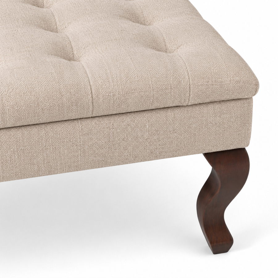 Hermes de table de café rembourrés - Tissu beige - Pieds de chêne brun - 110 x 110 x 42 cm