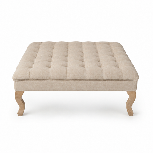 Couchtisch Hermes - Gepolstert - Beiger Stoff - Beine aus Natureiche - 110 x 110 x 42 cm