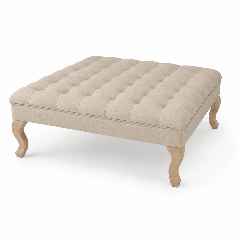 Coffee Table Hermes - Upholstered - Beige Fabric - Natural Oak Legs - 110×110×42 cm