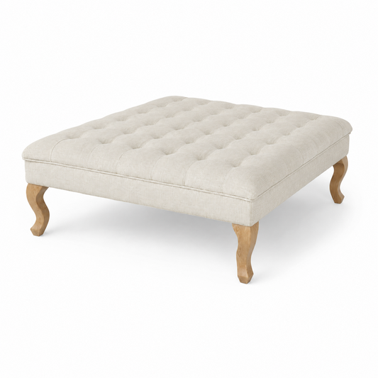 Couchtisch Hermes - Gepolstert - Hellbeiger Stoff - Beine aus Natureiche - 110 x 110 x 42 cm