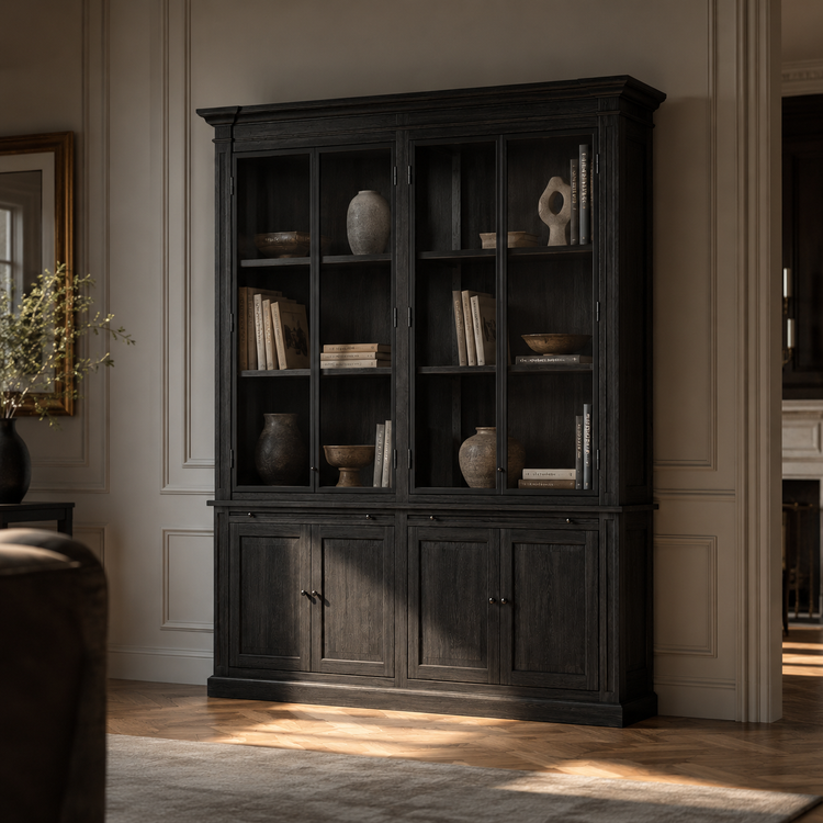 Vetrina Vincester Doppia - 4 Ante a Pannello in Vetro - Rovere Massello Nero Oliato