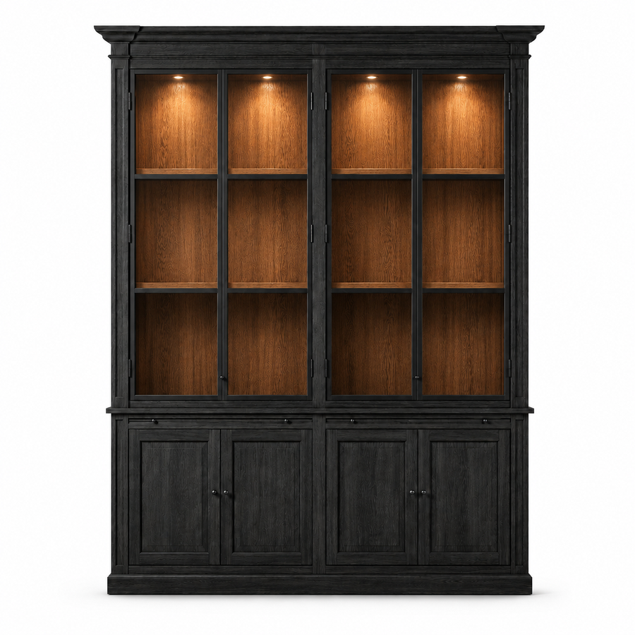 Display Cabinet Vincester Double - 4 Glass Panel Doors - Solid Black Oiled Oak