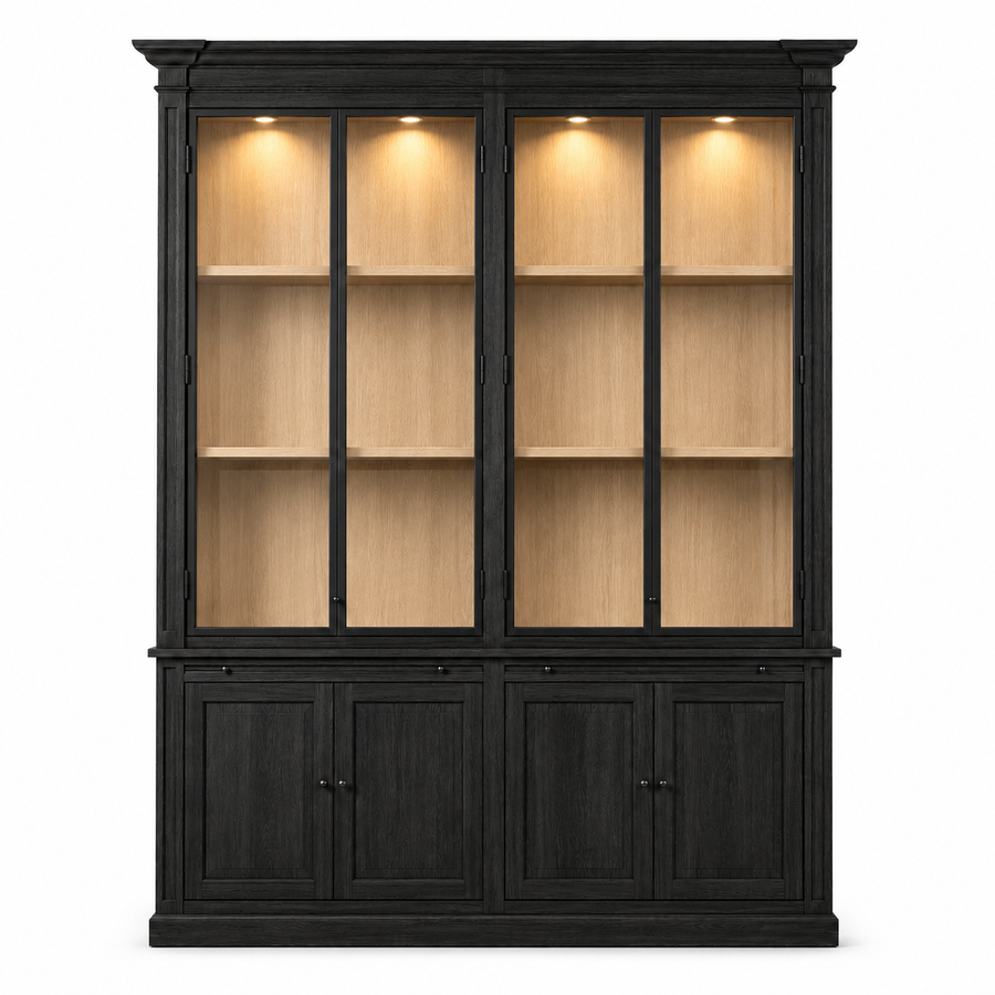 Display Cabinet Vincester Double - 4 Glass Panel Doors - Solid Black Oiled Oak