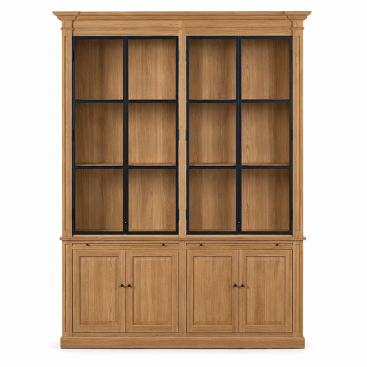 Vincester Double Vitrine - Massiv Hoboken Eiche mit 4 Glas Paneel Türen