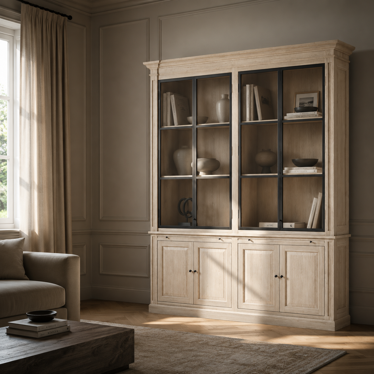 Display Cabinet Vincester Double - 4 Glass Panel Doors - Solid White Oiled Oak