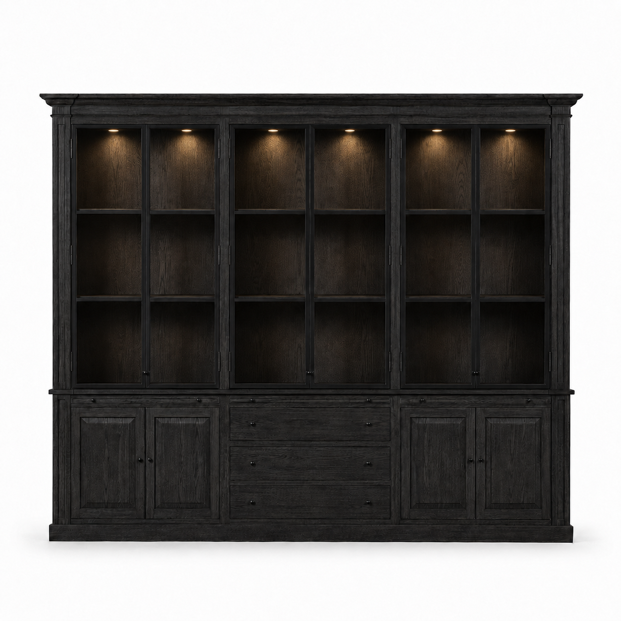 Display Cabinet Vincester Triple - 6 Glass Panel Doors - Solid Black Oiled Oak