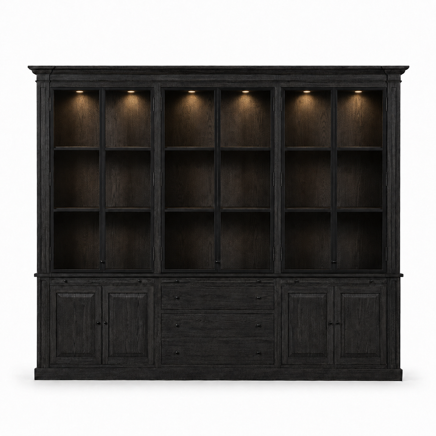 Display Cabinet Vincester Triple - 6 Glass Panel Doors - Solid Black Oiled Oak