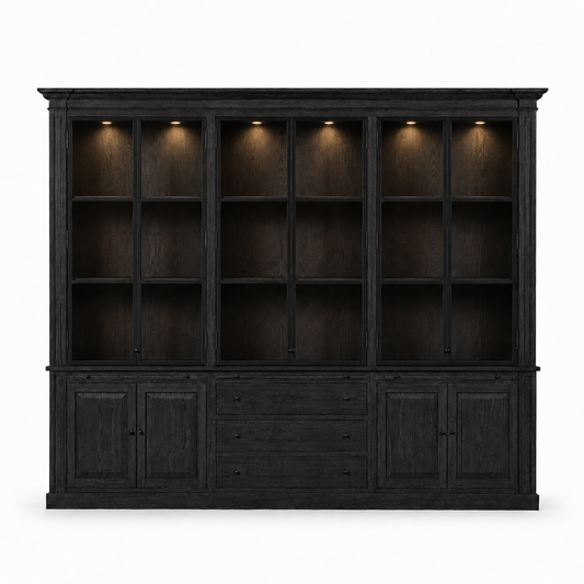 Vincester Triple Vitrine - Massiv Schwarz Eiche mit 6 Glas Paneel Türen